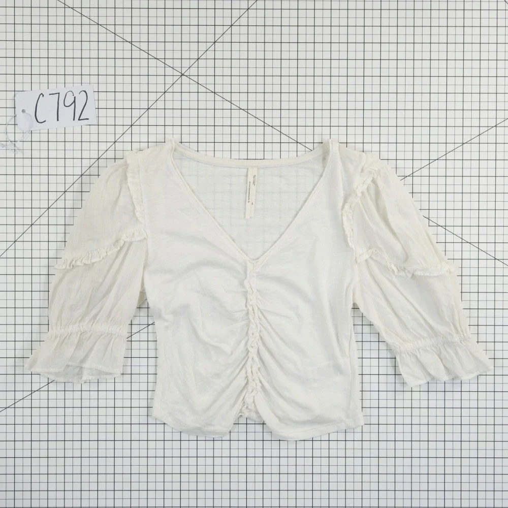 Anthropologie Top Women's Size XS White Ruched‎ V Neck Puff Sleeve Ruffle Shirt